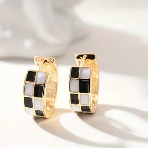 Black White Checkered Hoop Earrings Retro Mod Statement